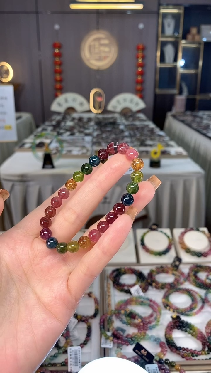 未镶嵌老矿碧玺色标彩虹单圈手串7mm+碧玺dan多样性发货一条