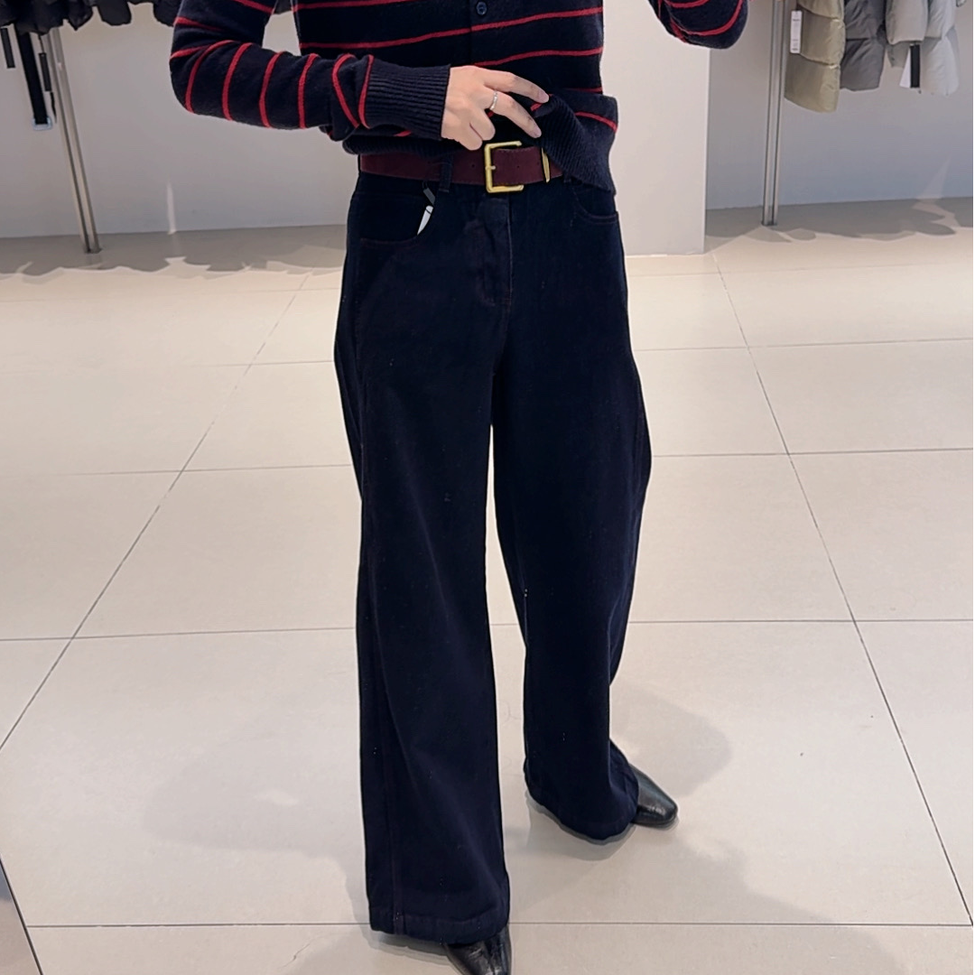 牛仔裤-135B324115艾家高腰腰带百搭显瘦加绒阔腿裤