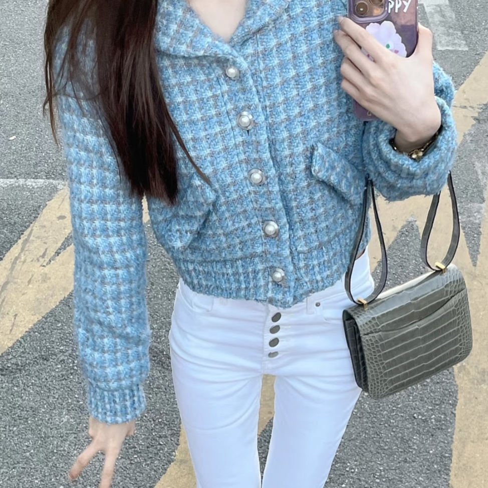 99新 Chanel/香奈儿 40码22B蓝色格子粗花呢短款外套