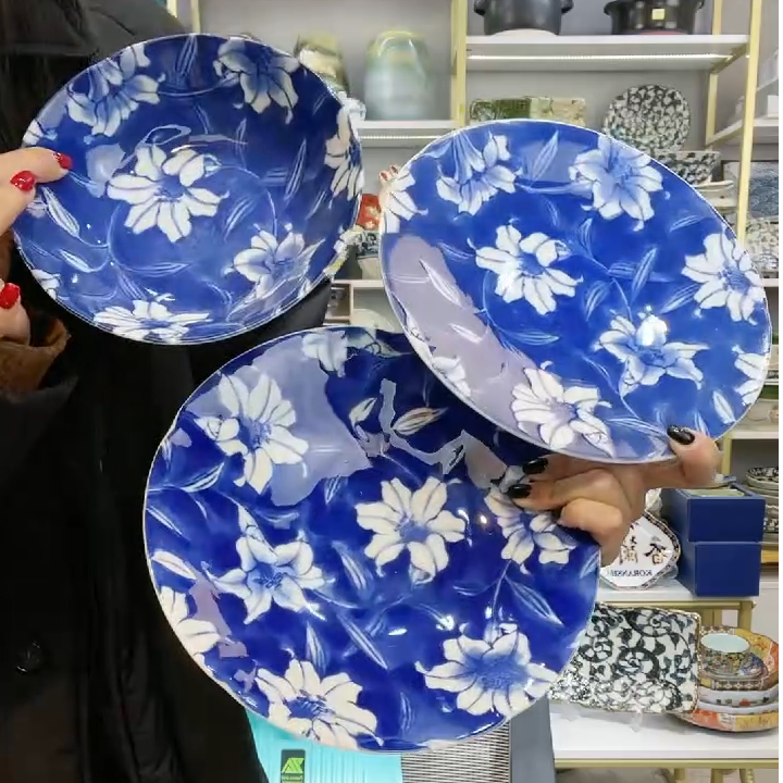 清仓火【3件套】日本进口美浓烧蓝彩花3件套(钵+平盘+深盘)