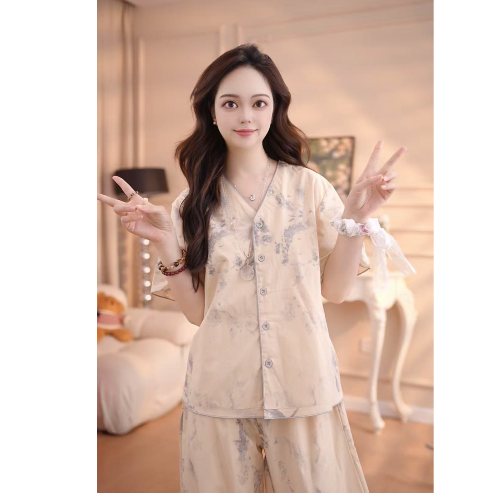 【漫禾】套装 甜美睡衣棉夏天薄款舒适纯棉纯棉休闲家居服QQ