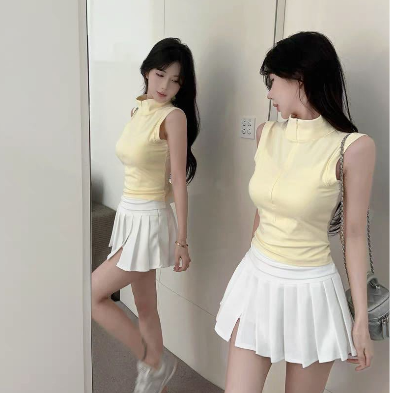 夏日ootd穿搭假两件绝美小背心女设计感甜辣妹修身polo领无袖上衣