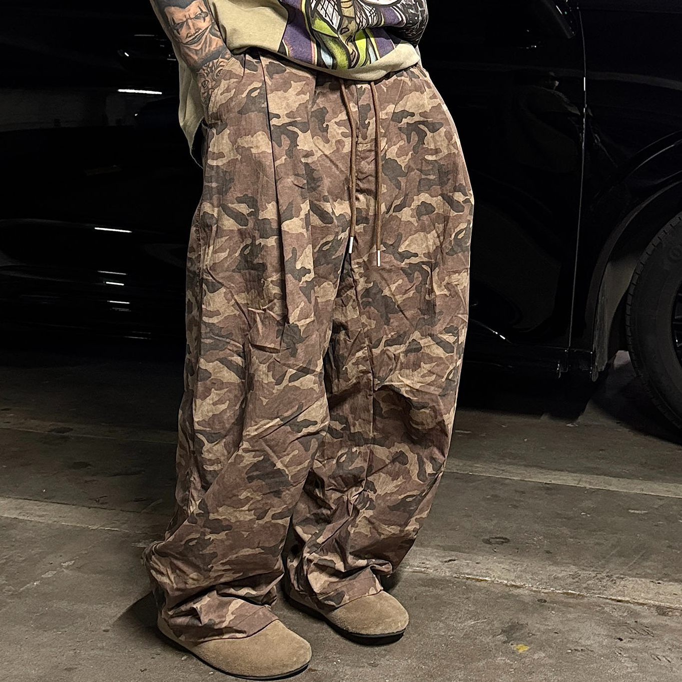 白鹤大人美式复古弯刀迷彩裤男女阔腿休闲褶皱战术休闲裤长裤