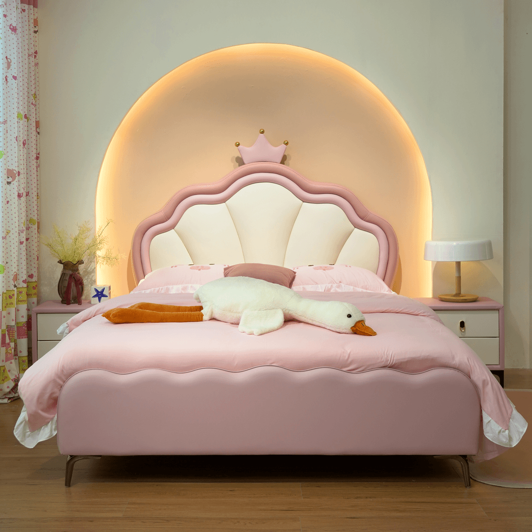 儿童床男孩女孩公主床皇冠儿童床现代主卧大床小户型实木粉色床