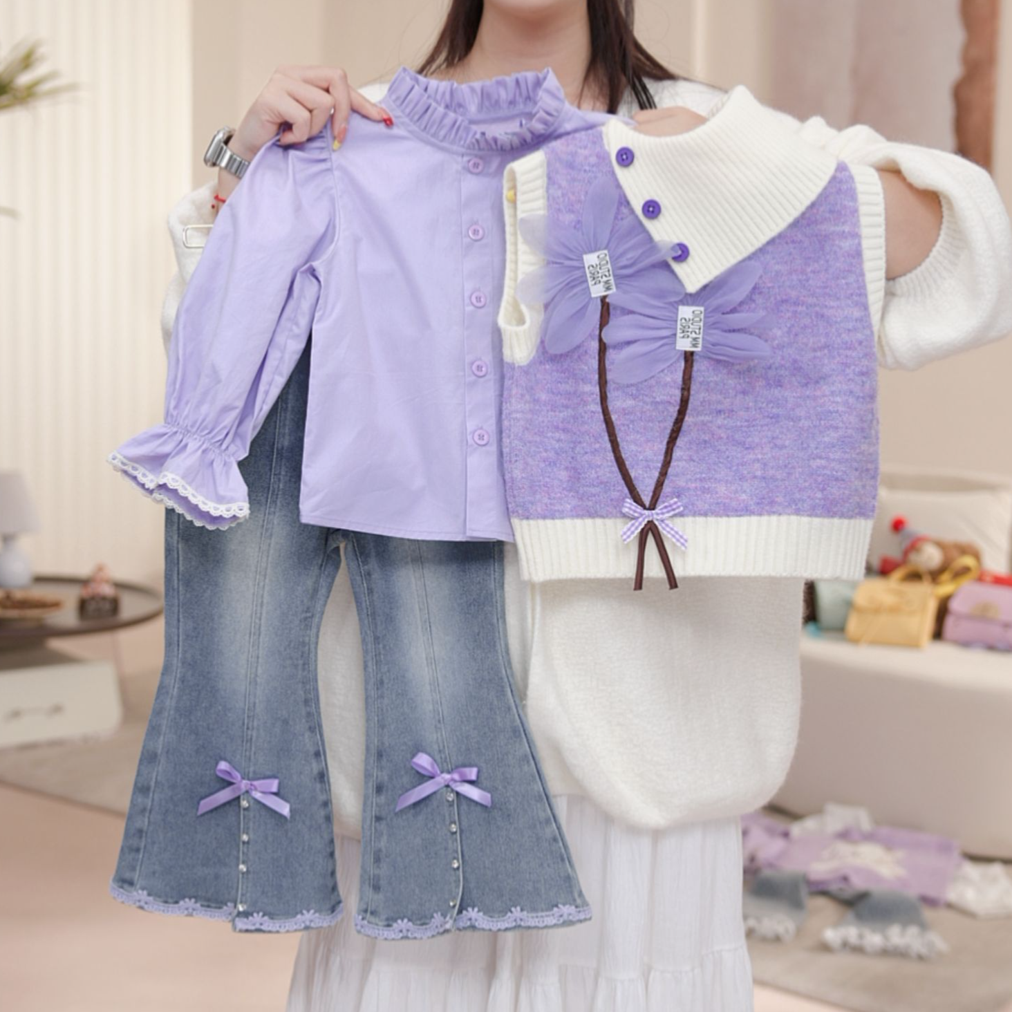 【桔紫】女童秋季欧若风套头少女风春秋套装女孩马甲三件套QA30671