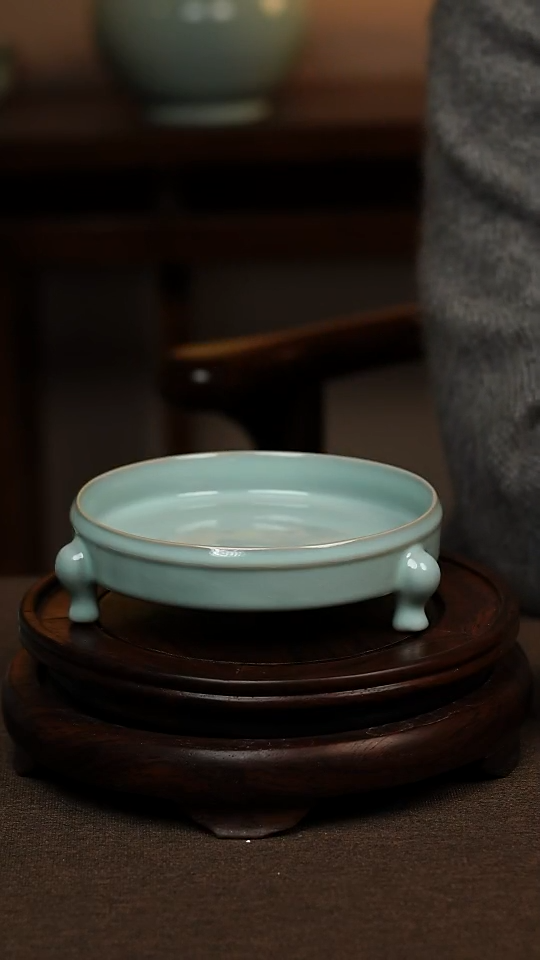 瓷片天青色全手工三足洗壶承微瑕不带礼盒