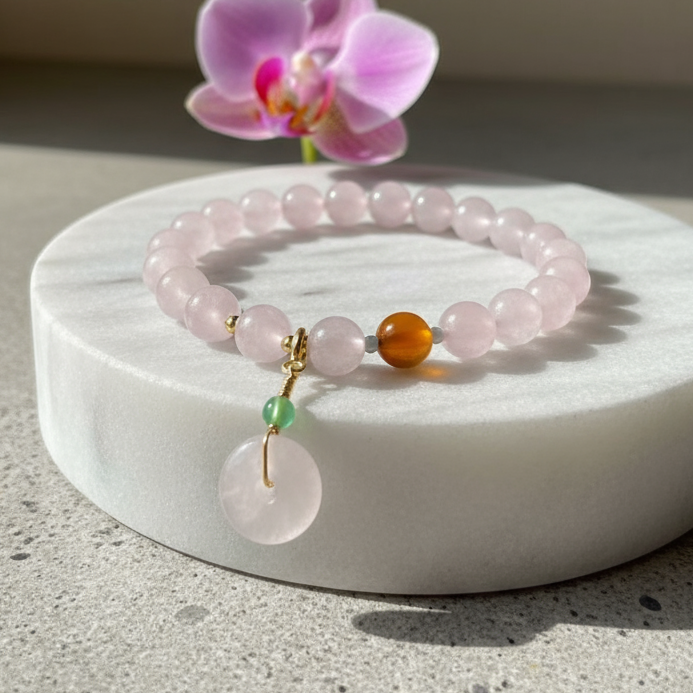 粉晶平安扣手串红玛瑙幸运珠手链S208