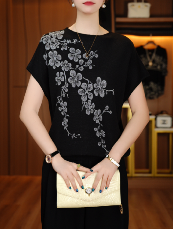 国颐 新款春夏针织衫短袖女高端显瘦显白百搭时尚上衣V25Z699
