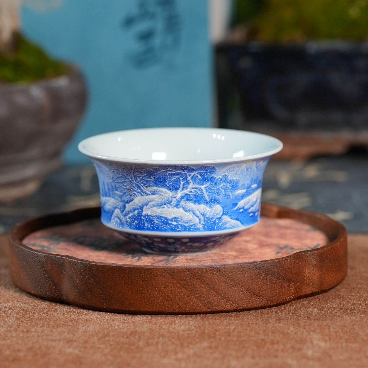 云山片玉 宝石蓝冰梅 雪景马蹄束腰杯定杯陶瓷纯手工 