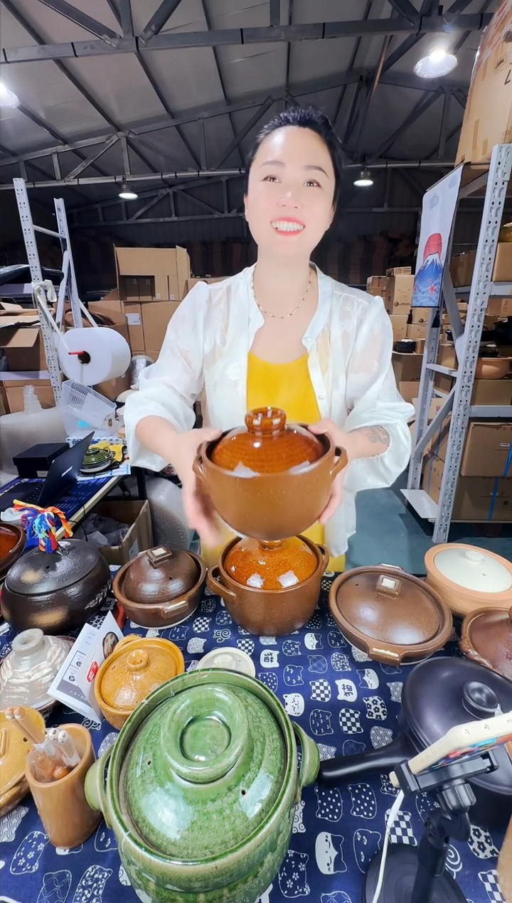 陶土日本进口万古烧蜜糖釉双耳2合双盖样品一个