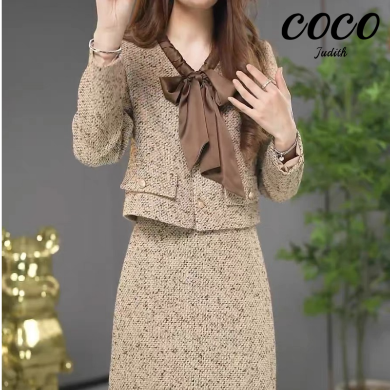 小香风套装女新款高级感针织蝴蝶结领时尚学院风两件套女装RG3197