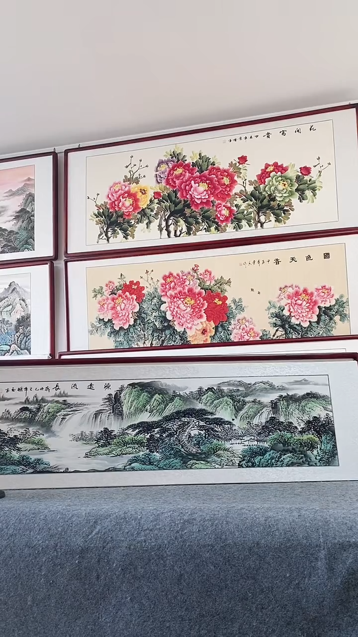 国画纯手绘国画山水165*50CM带框装饰字画