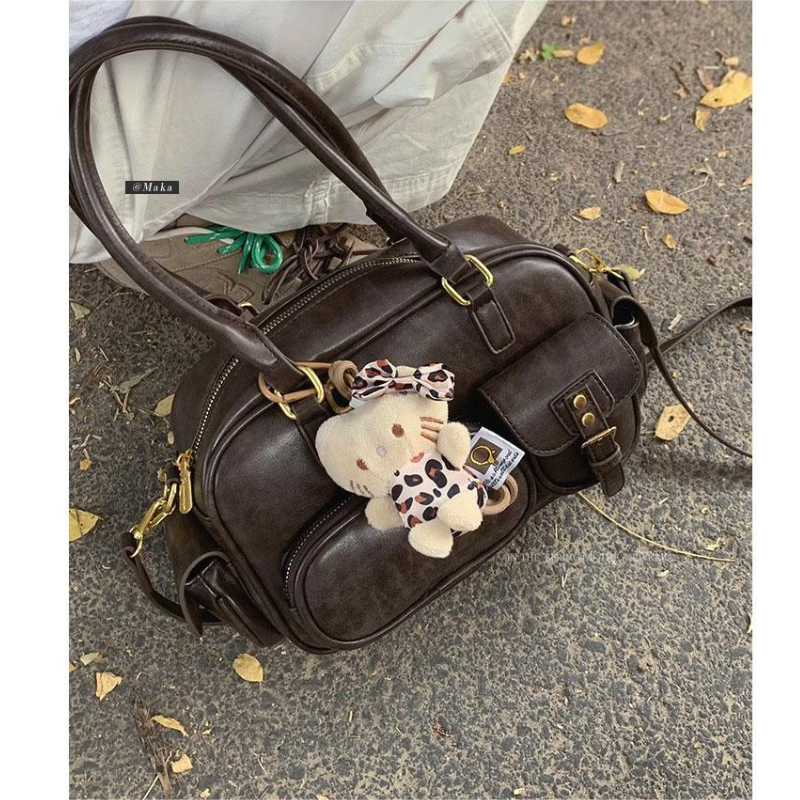 多口袋复古保龄球包女2025秋冬潮新款波士顿手提包百搭通勤斜挎包