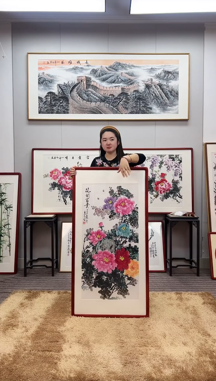 国画手绘牡丹123*63尺寸