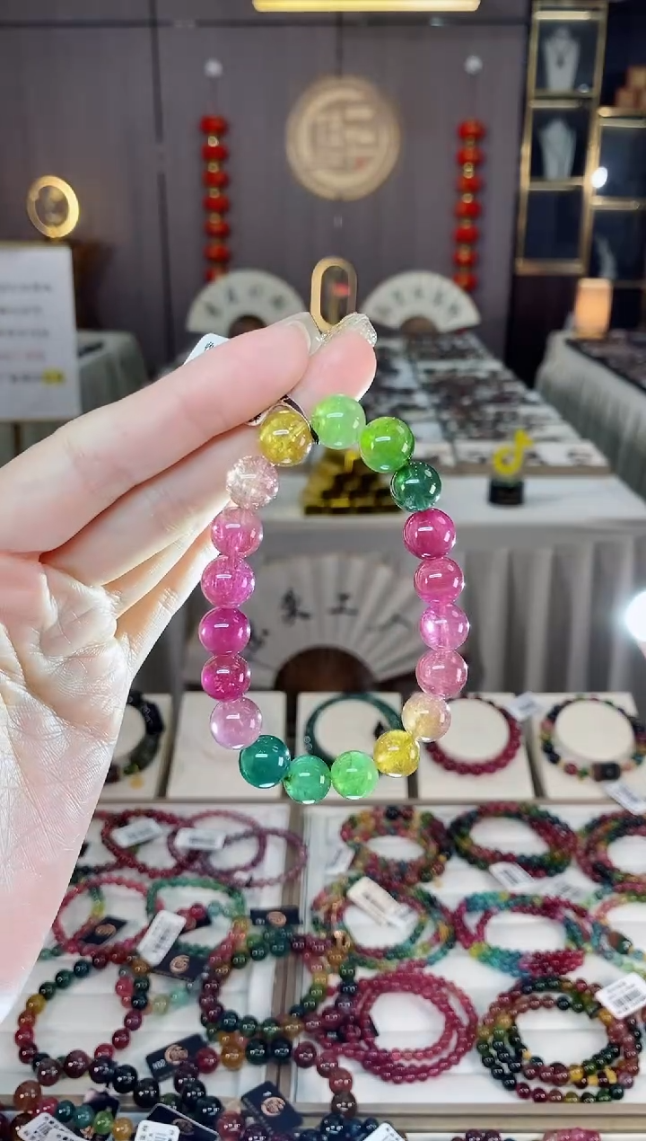 未镶嵌老矿碧玺色标彩虹单圈手串10mm+碧玺dan多样性发货一条