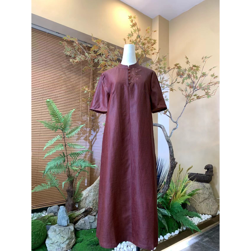 香云纱新中式春夏新款重工绣花桑蚕丝连衣裙FY235690