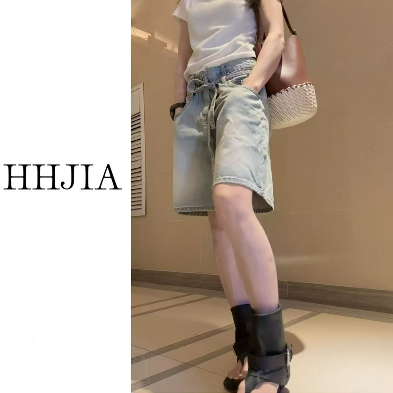 【慧慧家】韩国.2025定制款  韩系时尚腰抽绳牛仔五分裤