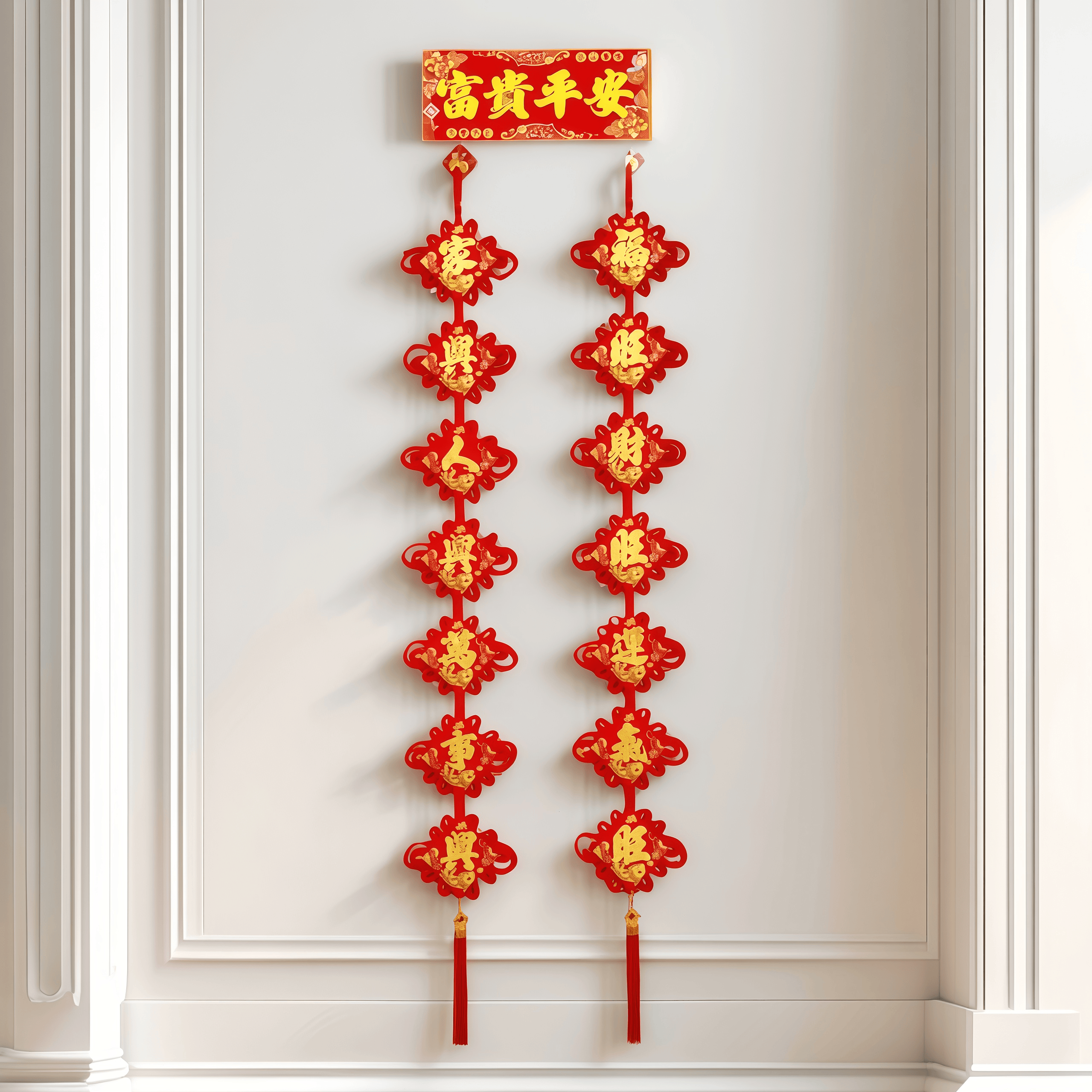 1七字莲鱼对联中国结挂饰客厅高档大号福字桃木装饰春节乔迁适用