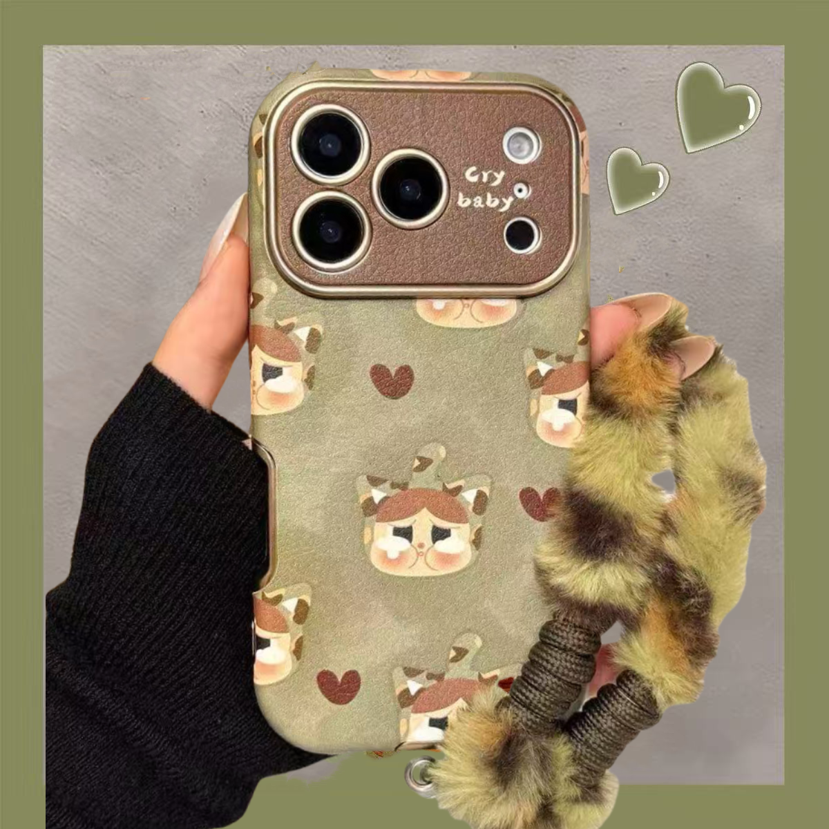 秋冬绿底哭娃大视窗皮质适用iPhone17手机壳带毛绒挂绳16pro15女