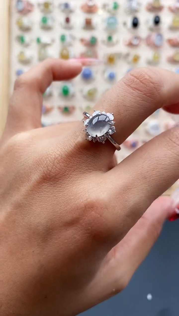 【闪购商品】翡翠戒指银S925镶嵌缅甸天然A货翡翠111 2+10