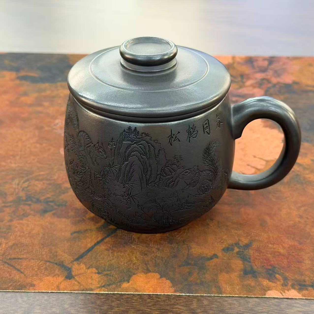 宜兴原矿紫砂石黄玄铁刻绘松鹤同春三件套家用办公茶具（微瑕）