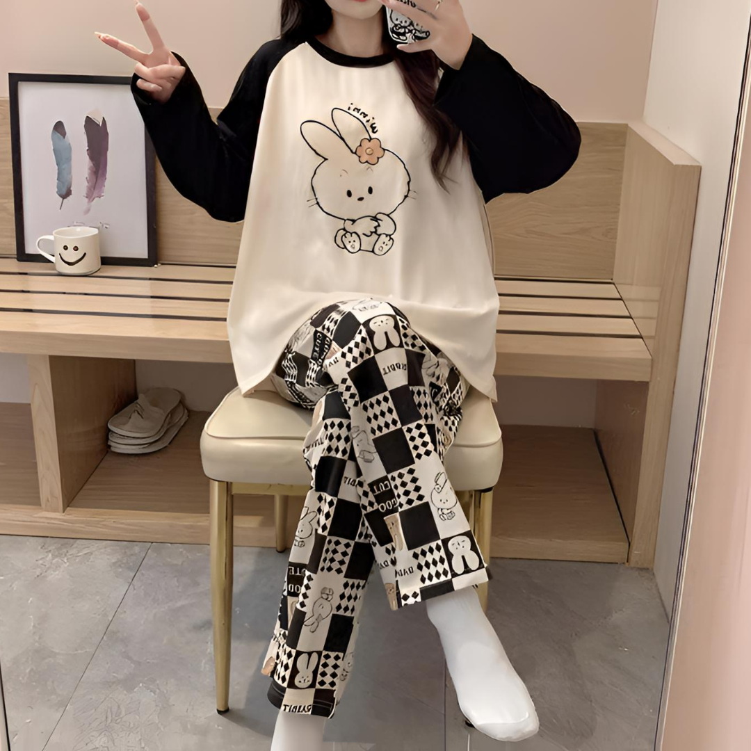 女士春秋季带胸垫长袖长裤休闲宽松睡衣卡通家居服套装