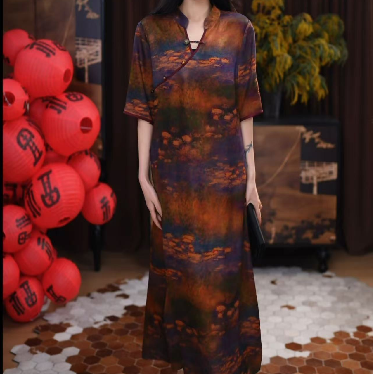 【梦柯】香云纱腔调设计感四季可穿印花V领春夏季百搭国风连衣裙