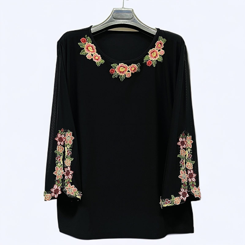 荣澜新款韩国进口冰丝麻网纱袖手工刺绣圆领中老年妈妈装上衣103