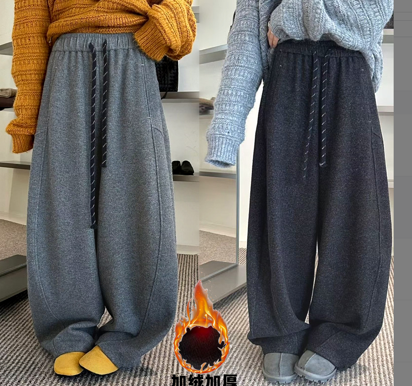 加绒加厚糯米绒慵懒风裤子女2025冬季新款美式拖地弯刀阔腿长裤潮