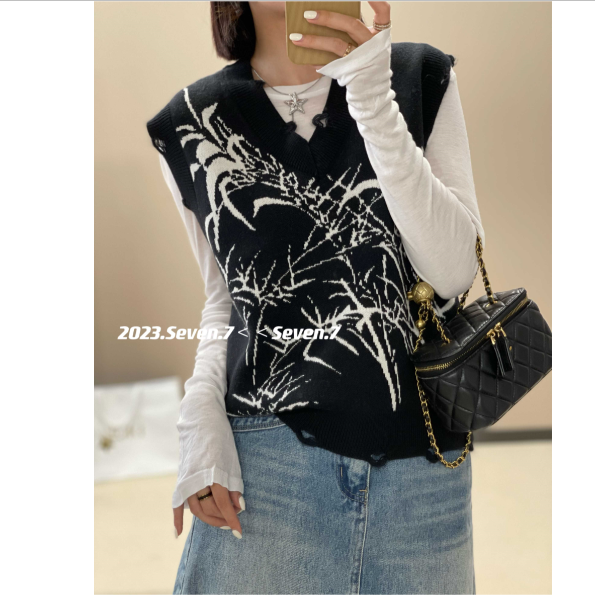 GEYAO春秋时尚款休闲百搭无袖套头做旧款针织马甲S23DW254818C