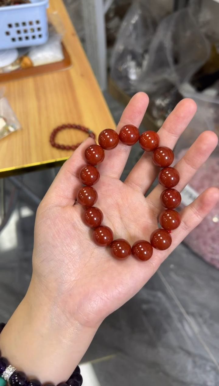 玛瑙/玉髓手链未镶嵌柿子红玛瑙圆珠手串14MM[3556]