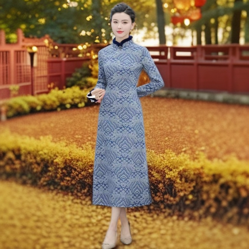 尚羽朵儿8371---气质中国风旗袍优雅秋冬中式日常修身连衣裙（M-4）