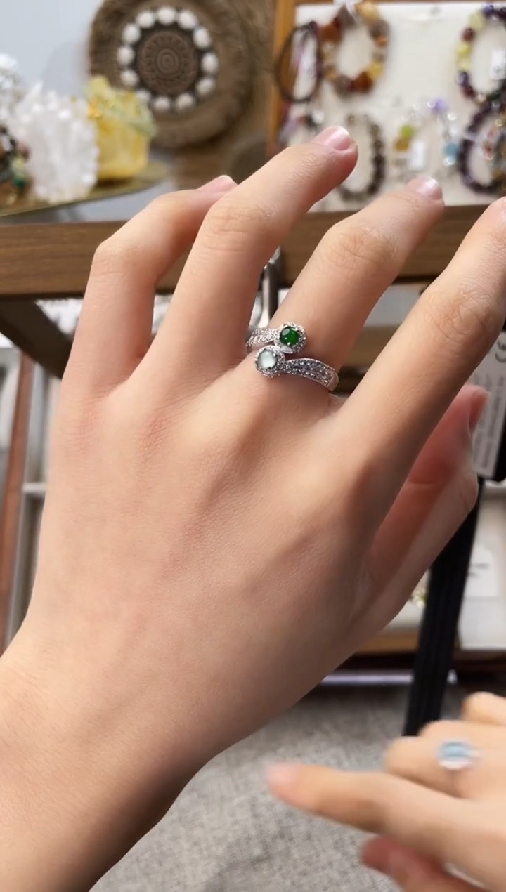 银S925镶嵌戒指翡翠小**酱翡翠双生戒指