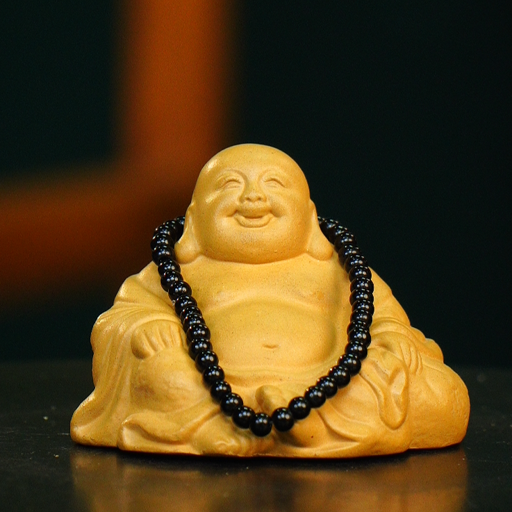 宜兴紫砂 黄色 弥勒佛（带佛珠）