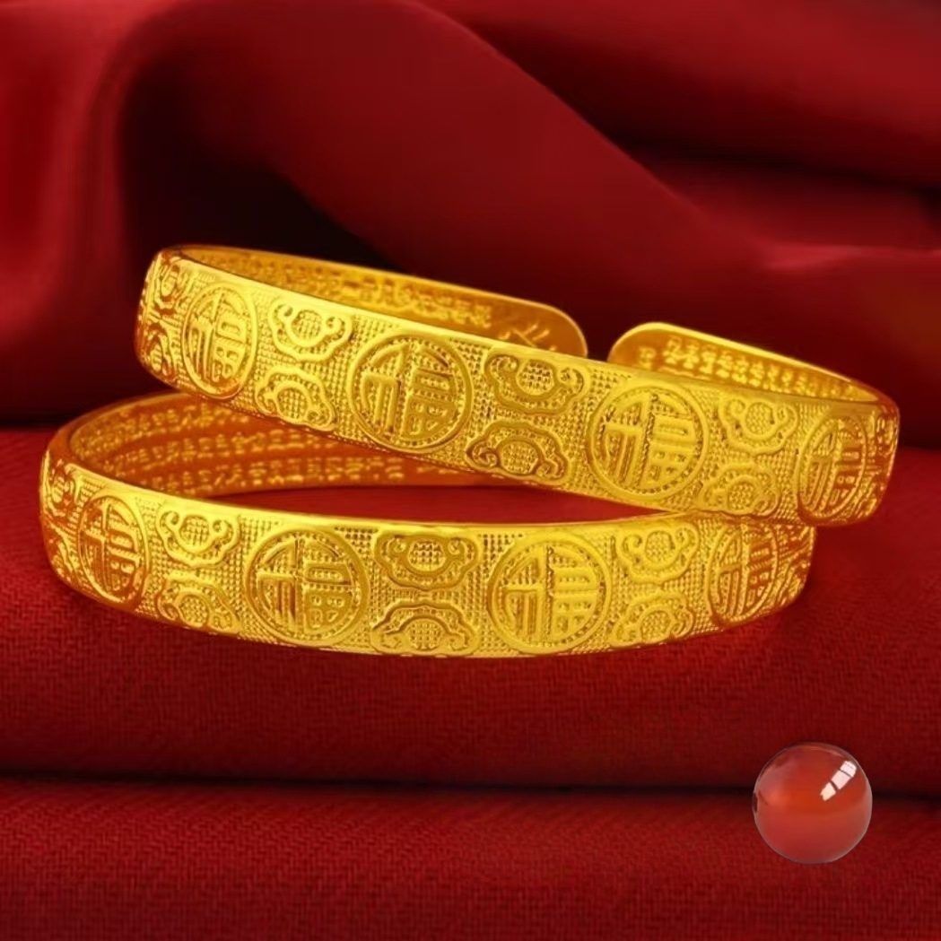 黄金足金福字手镯两个时尚大气设计款配欧泊石圆珠镶嵌