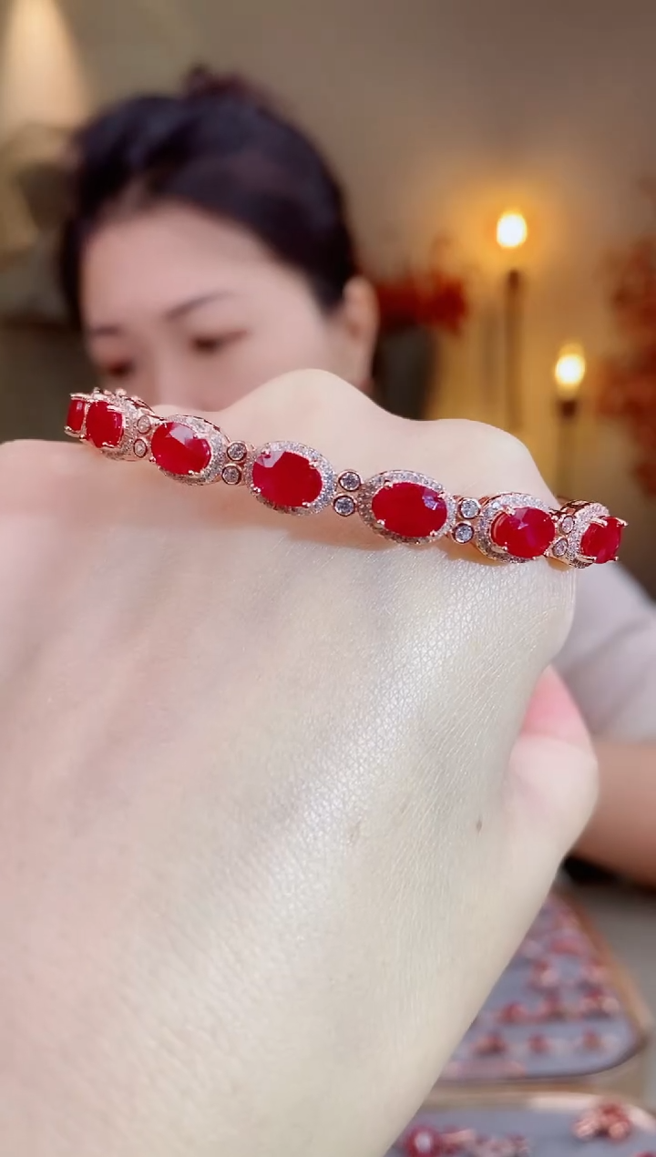 银S925镶嵌手镯红宝石手镯