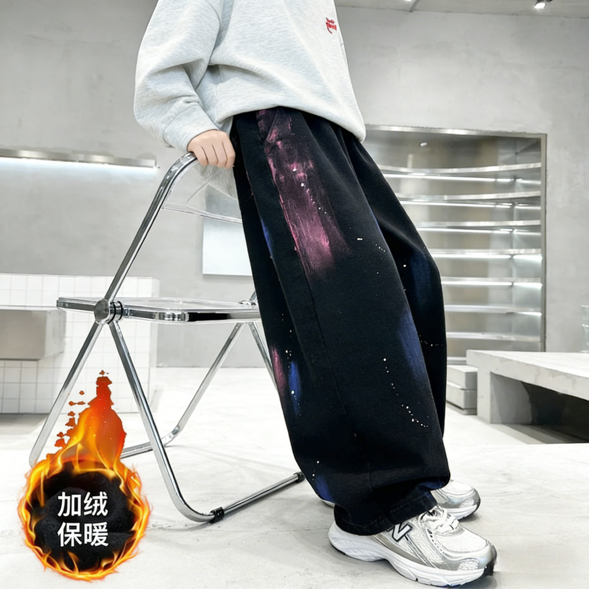 【加绒/不加绒】男童女童手绘牛仔裤秋冬季中大童宽松潮流儿童裤子