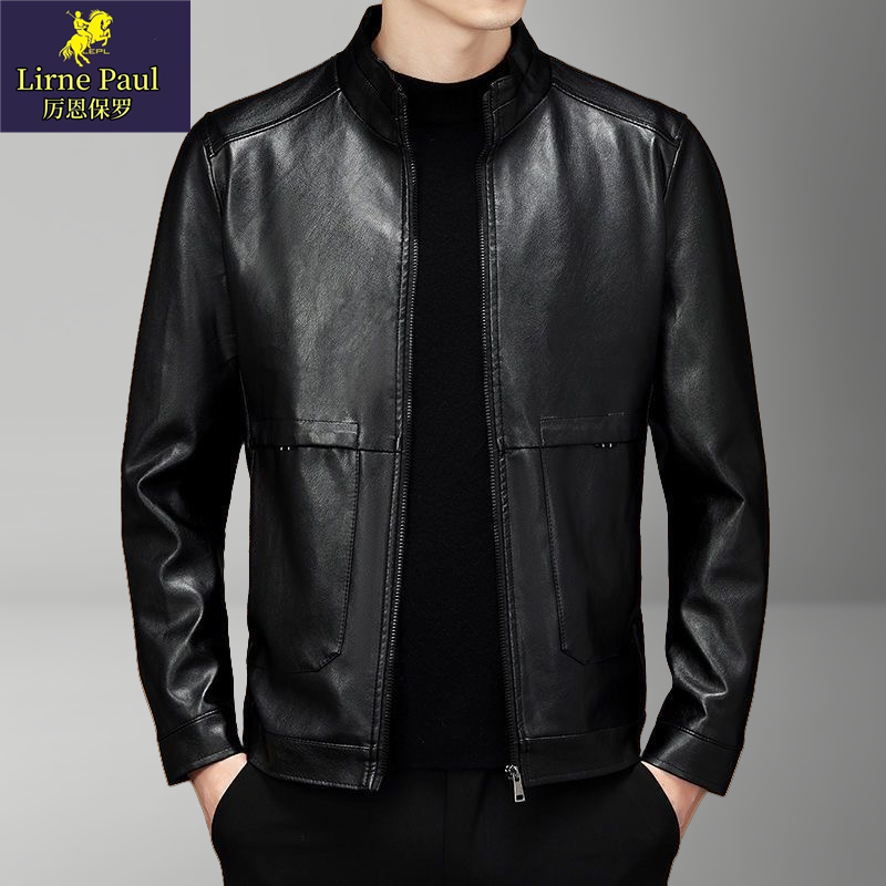 厉恩保罗男士春秋新款机车立领拉链皮衣夹克百搭上衣男装时尚外套
