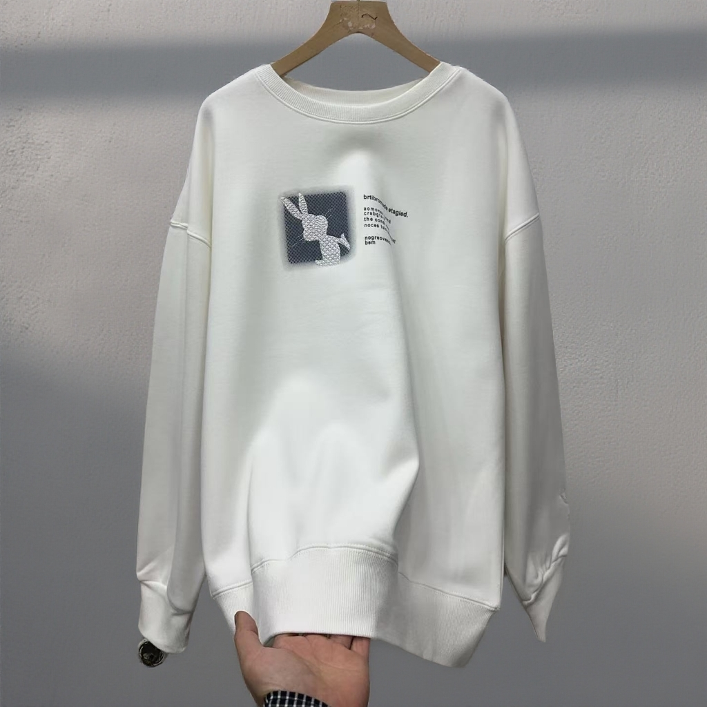 8295#【衣长65左右】秋冬圆领加绒小兔子编织刺绣套头加绒卫衣