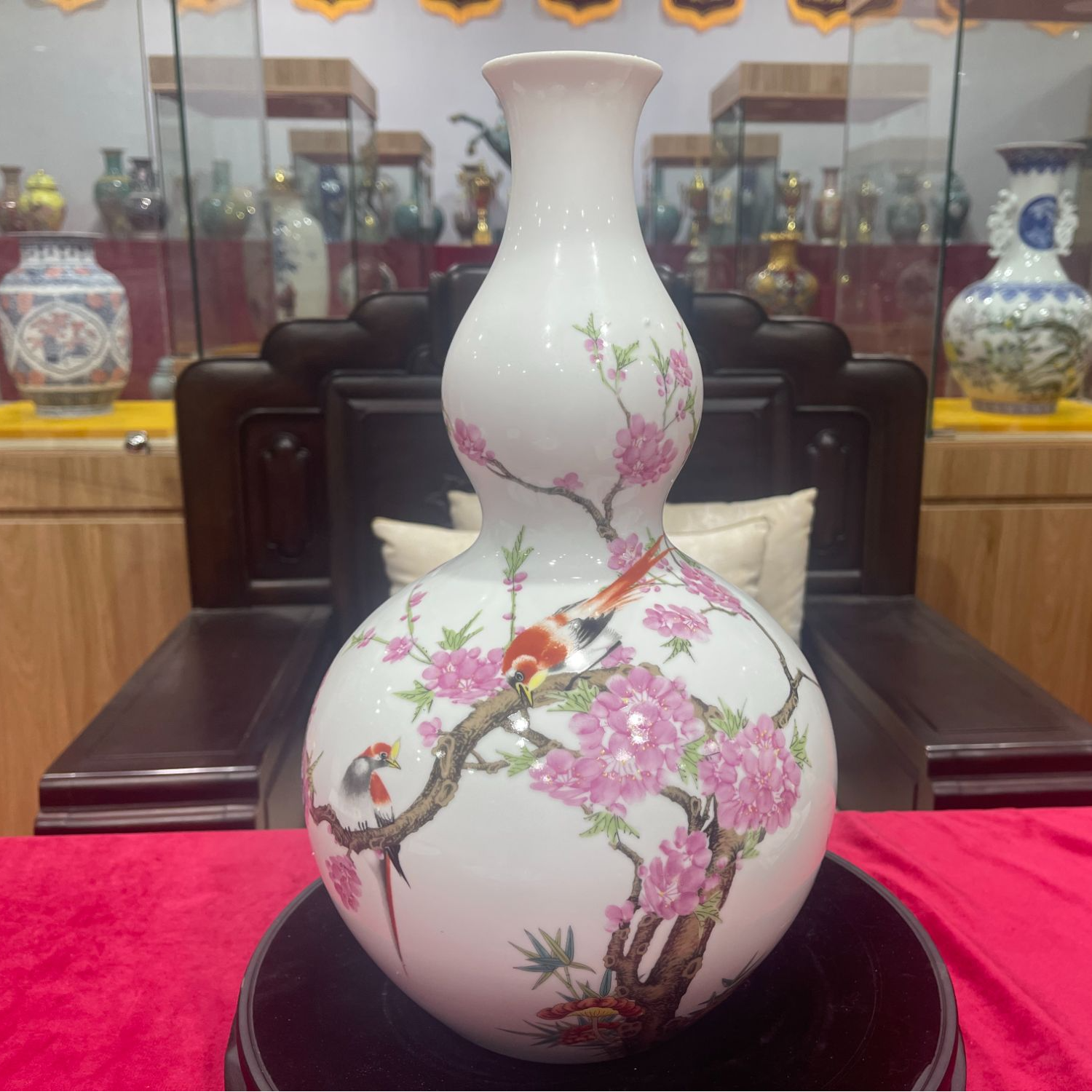 【袁氏瓷业】景德镇水点桃花长颈葫芦陶瓷瓶+底座