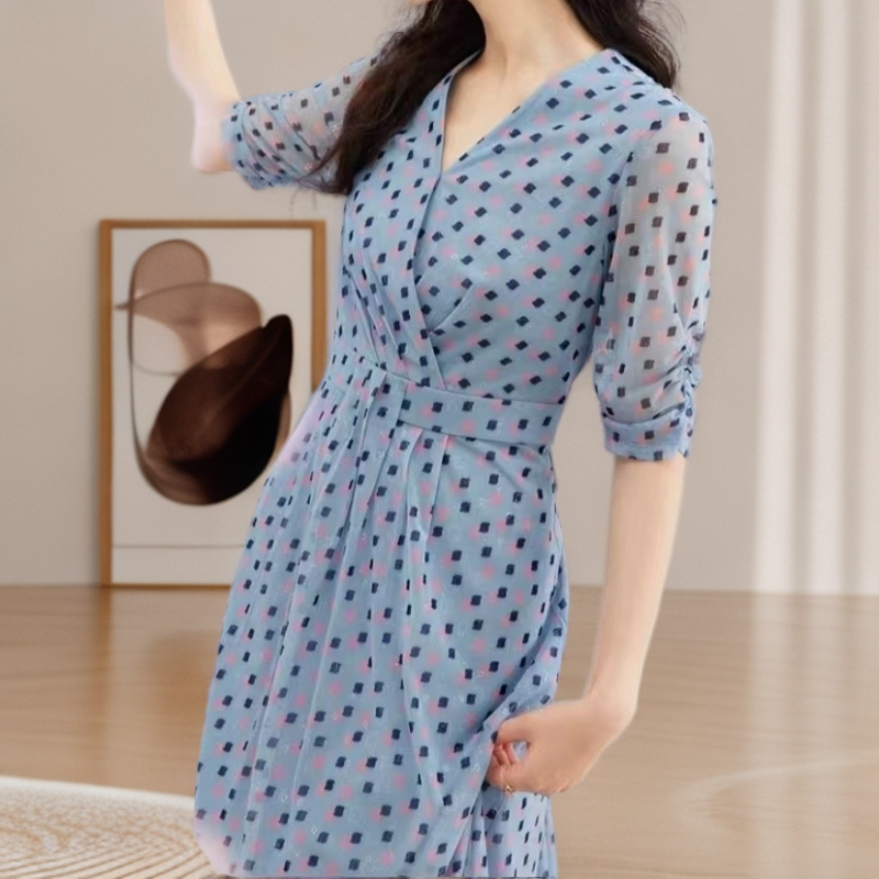 【461蓝色波点连衣裙】薇乐蓝色休闲女士法式修身优雅碎花显瘦时尚