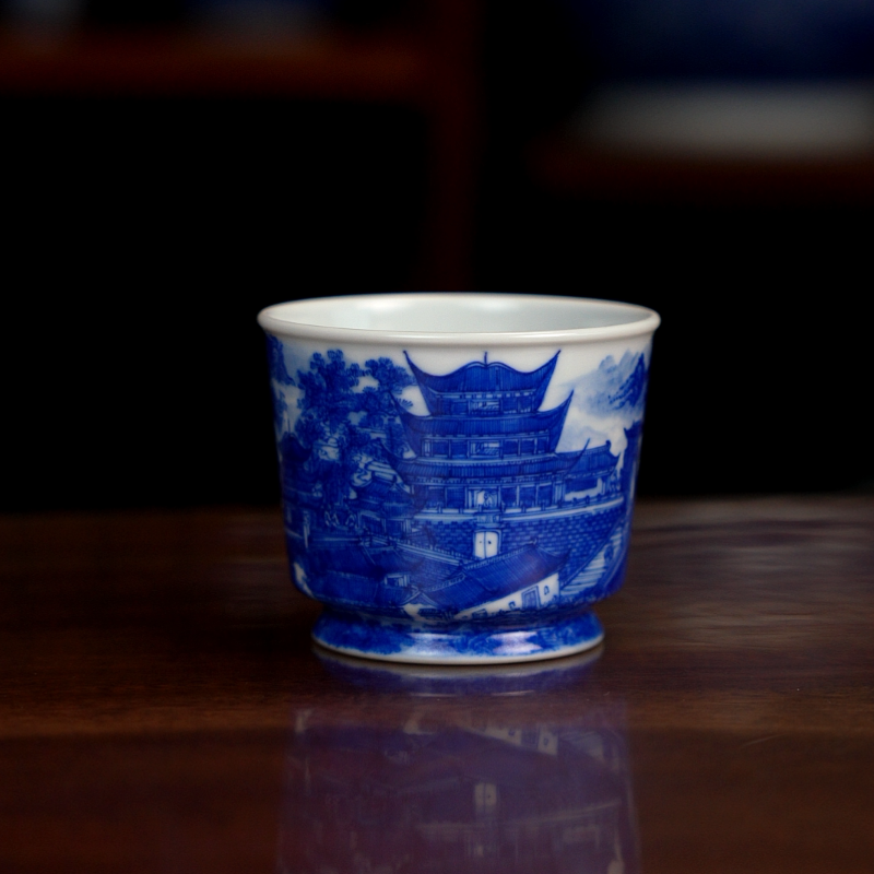 自成堂柴窑青花楼阁山水主人杯青花手绘四大名楼岳阳楼主人杯品茗