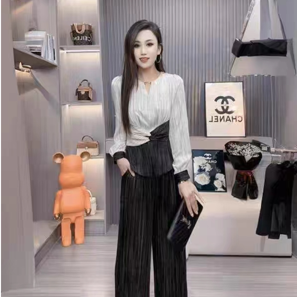 1016时尚气质初春整套女装高级感轻奢小众拼接撞色衬衫长裤两件套