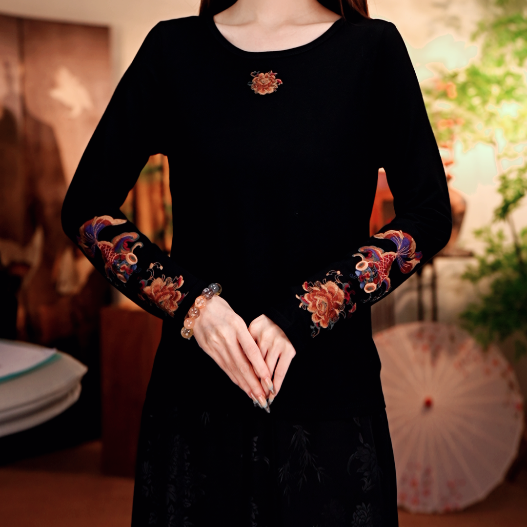 [锦鲤]新中式高定锦绣玫瑰刺绣打底衫AQ100401