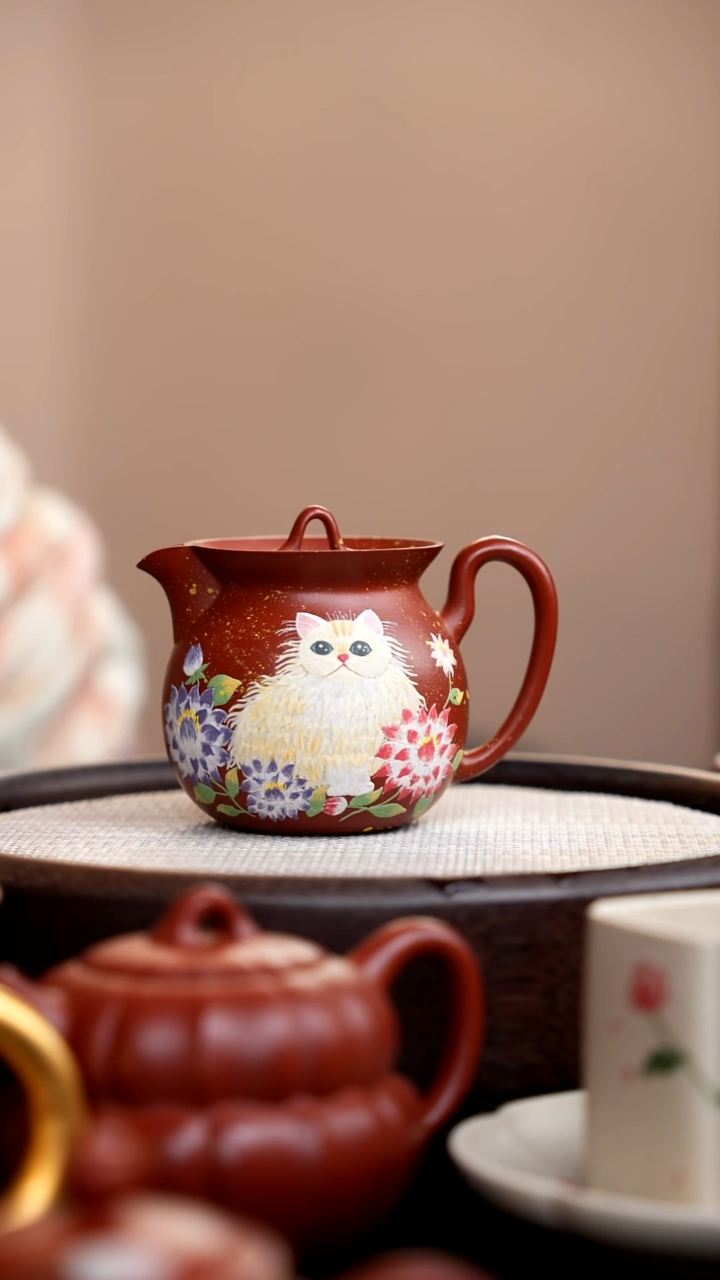 茶壶紫砂朱泥蜜罐泥绘黄猫