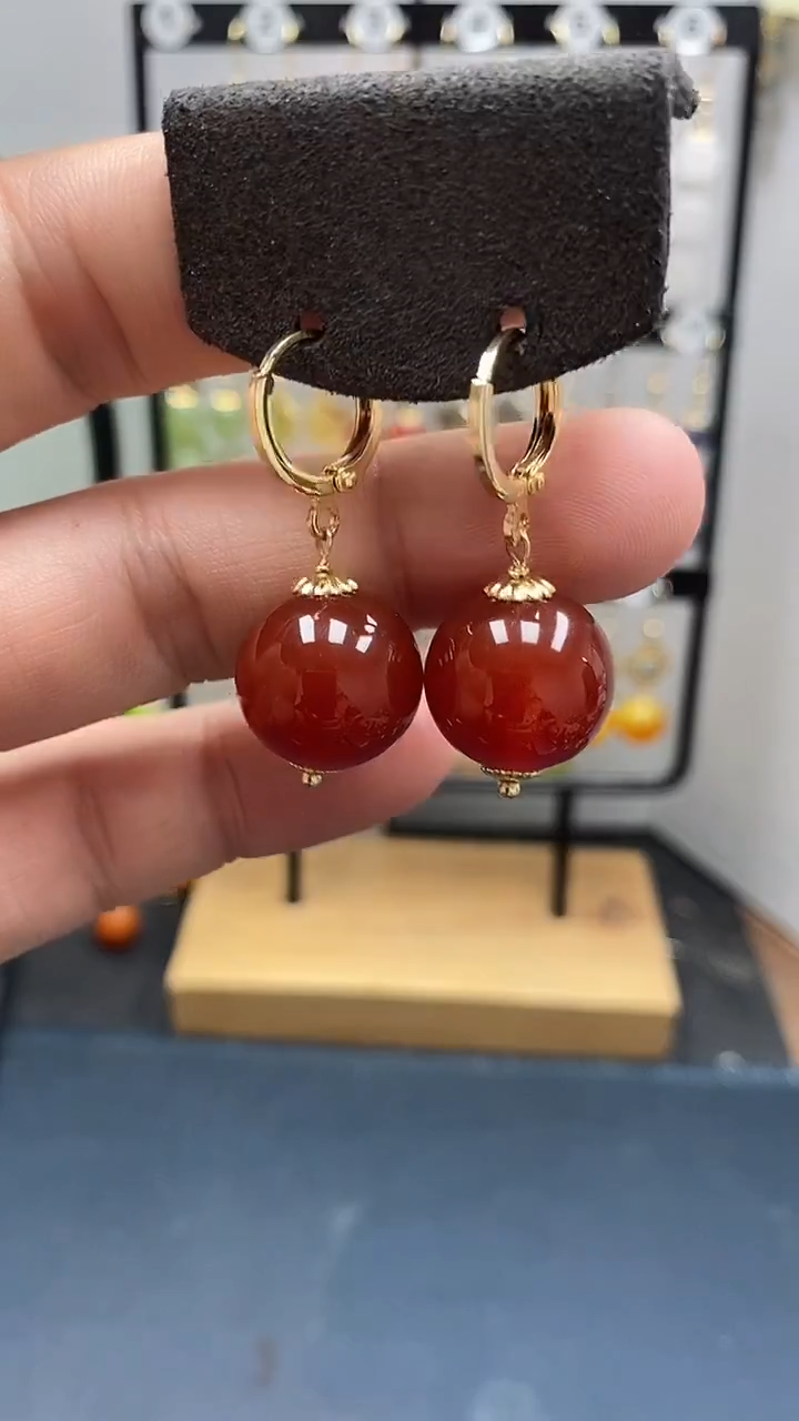 银S925镀金镶嵌南红玛瑙耳饰尺寸16mm耳扣66