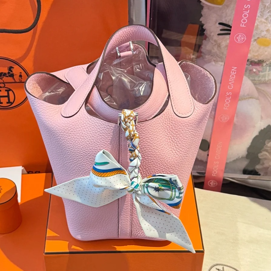 未使用 Hermes/爱马仕 小花攀攀菜篮子 18 新樱花粉 TC皮 W刻