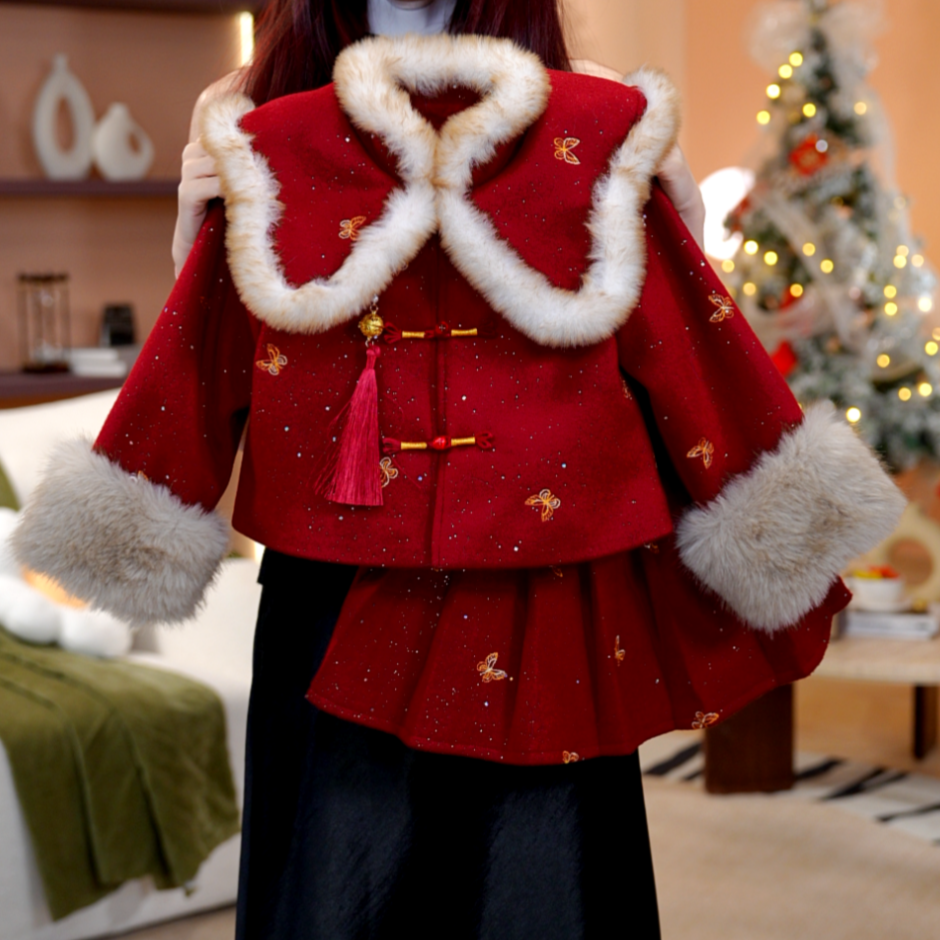 【瑞雪】女童秋冬长袖裙子加绒加厚国风女孩年服新中式套装DS20156