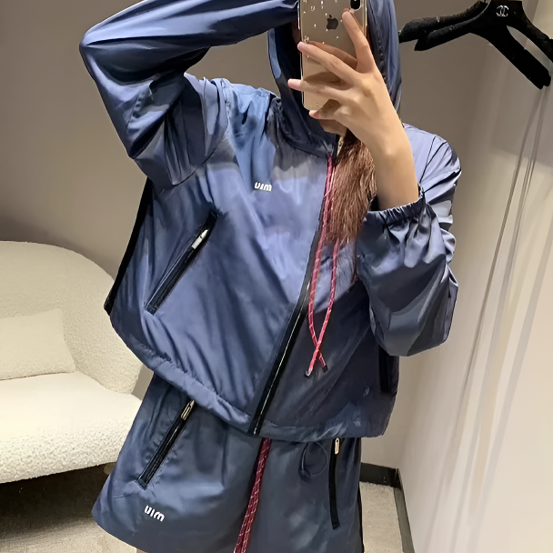 25新品MM防晒薄款休闲抽绳连帽运动套装 松紧腰短裤套装