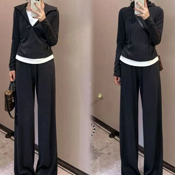 连帽运动套装秋季新款宽松显瘦半拉链休闲长袖裤子简约日常两件套